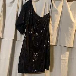 Black one sleeve sequin dress.